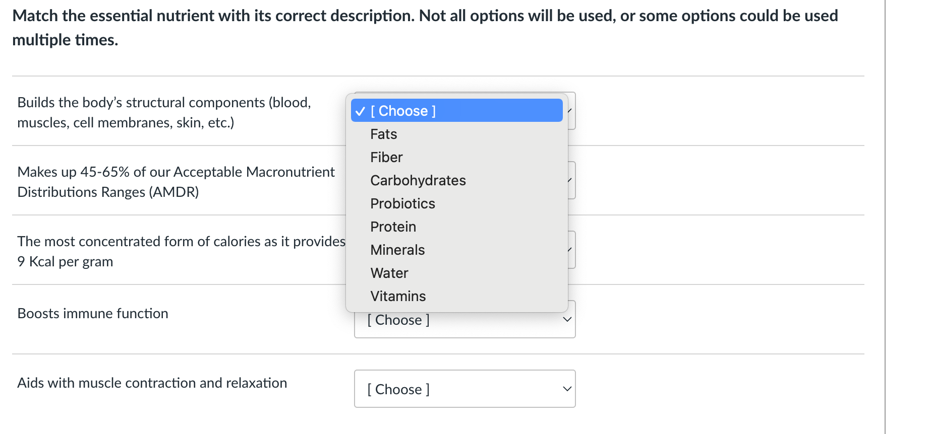 Match The Essential Nutrient With Its Correct Description Not All Options Will Be Used Or Some Options Could Be Used M 1