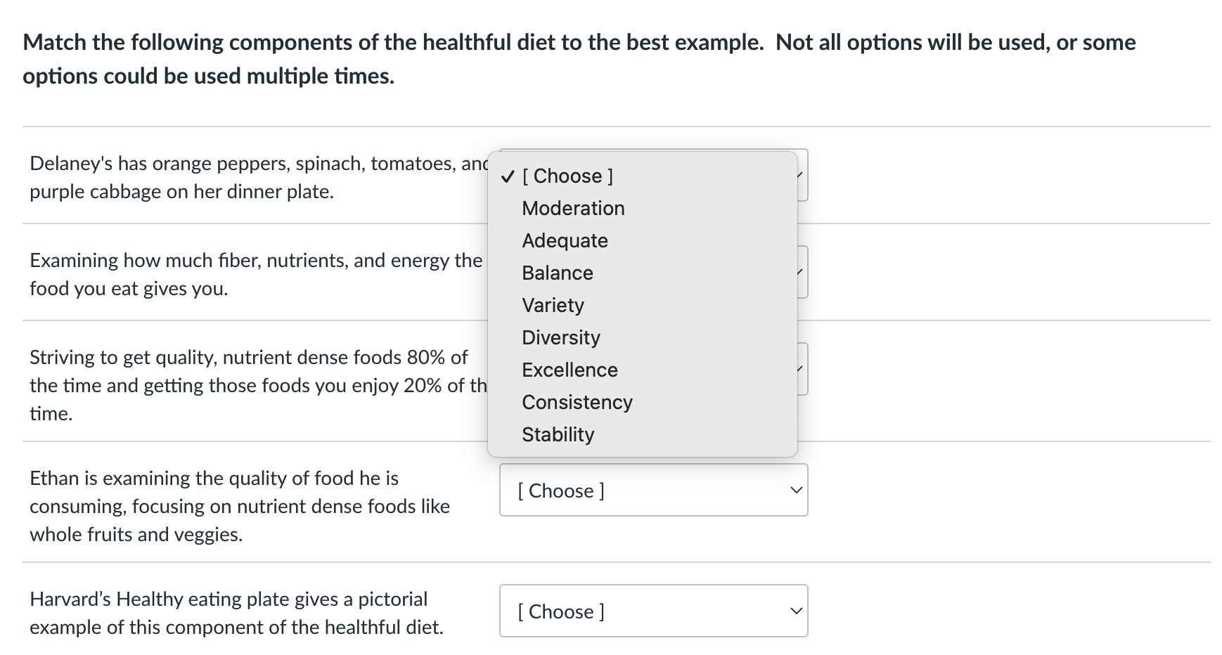 Match The Following Components Of The Healthful Diet To The Best Example Not All Options Will Be Used Or Some Options 1
