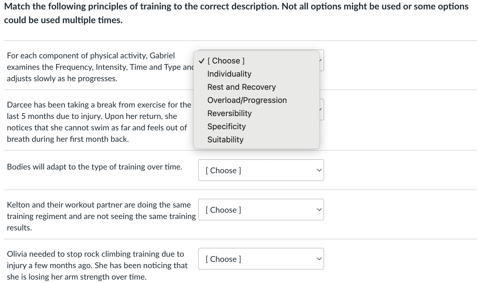 Match The Following Principles Of Training To The Correct Description Not All Options Might Be Used Or Some Options Cou 1