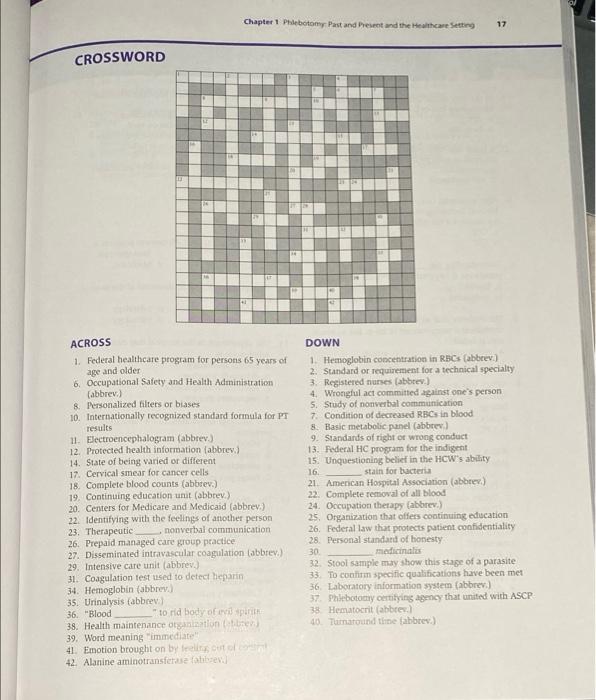 Chapter 1 Phlebotomy Past And Present And The Healthcare Setting 17 Crossword Across 1 Federal Healthcare Program For P 1