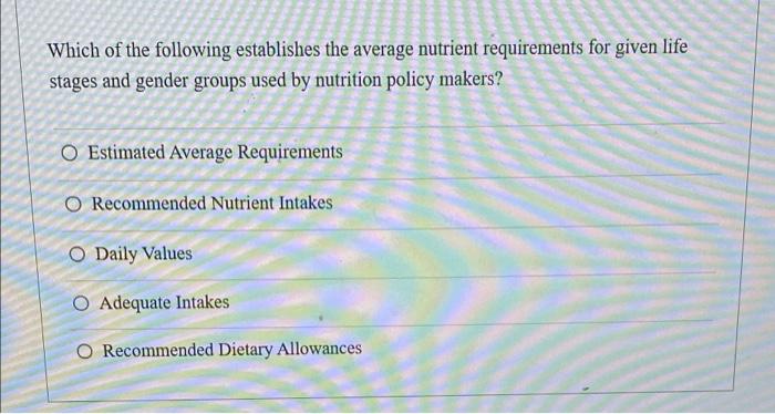 Which Of The Following Establishes The Average Nutrient Requirements For Given Life Stages And Gender Groups Used By Nut 1