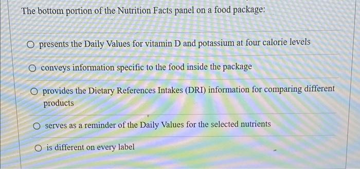 The Bottom Portion Of The Nutrition Facts Panel On A Food Package O Presents The Daily Values For Vitamin D And Potassi 1
