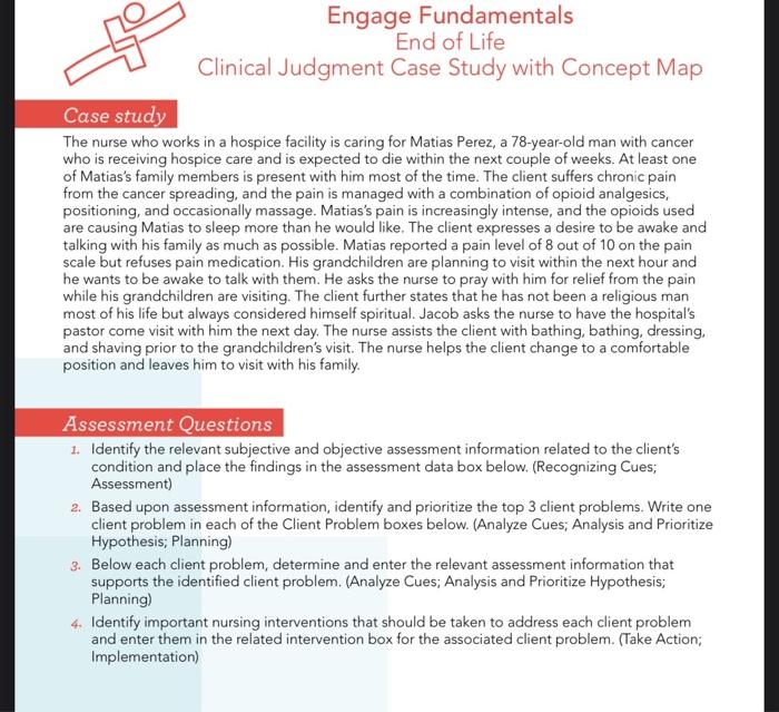 Engage Fundamentals End Of Life Clinical Judgment Case Study With Concept Map Case Study The Nurse Who Works In A Hospic 1