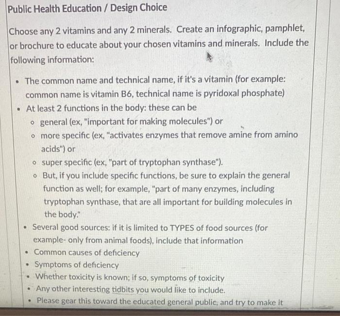 Public Health Education Design Choice Choose Any 2 Vitamins And Any 2 Minerals Create An Infographic Pamphlet Or Br 1