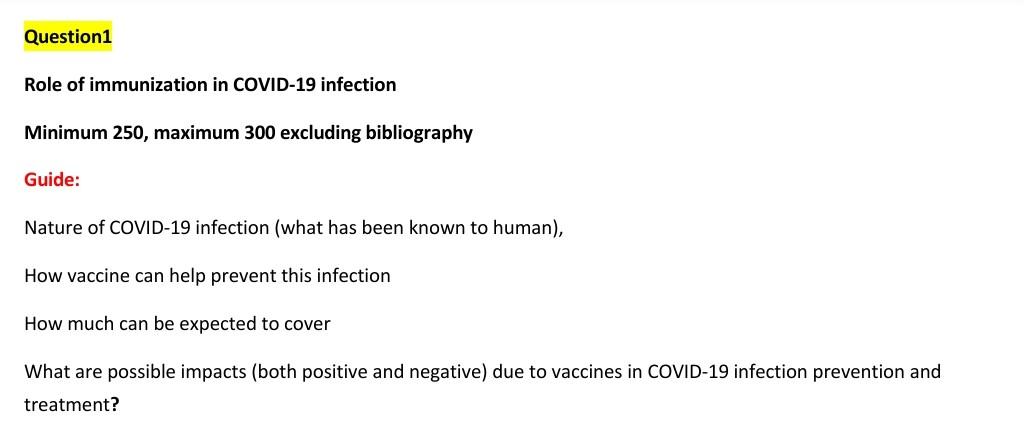 Question1 Role Of Immunization In Covid 19 Infection Minimum 250 Maximum 300 Excluding Bibliography Guide Nature Of Co 1