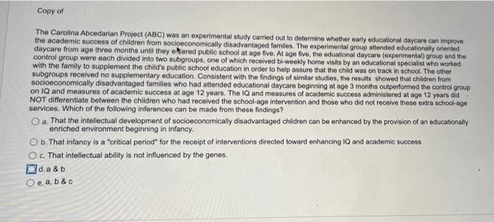 Copy Of The Carolina Abcedarian Project Abc Was An Experimental Study Carried Out To Determine Whether Early Education 1