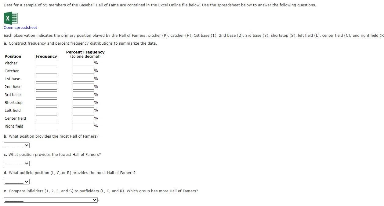 Data For A Sample Of 55 Members Of The Baseball Hall Of Fame Are Contained In The Excel Online File Below Use The Sprea 1