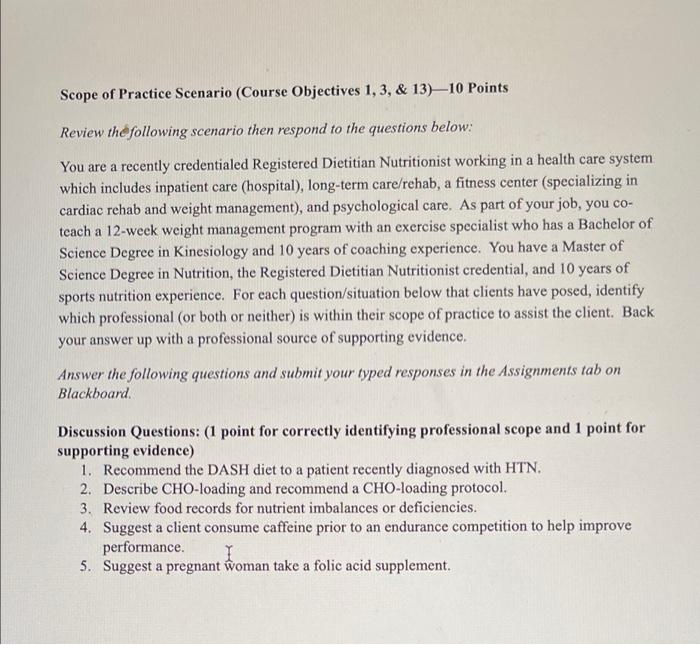 Scope Of Practice Scenario Course Objectives 1 3 13 10 Points Review The Following Scenario Then Respond To The Qu 1