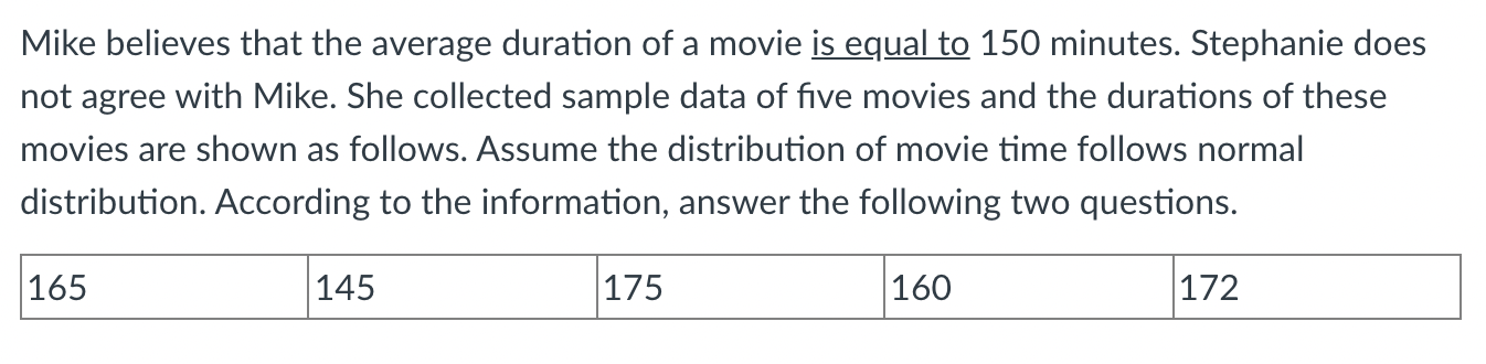 Mike Believes That The Average Duration Of A Movie Is Equal To 150 Minutes Stephanie Does Not Agree With Mike She Coll 1