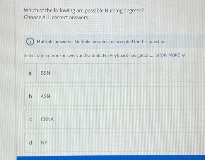 Which Of The Following Are Possible Nursing Degrees Choose All Correct Answers Multiple Answers Multiple Answers Are A 1