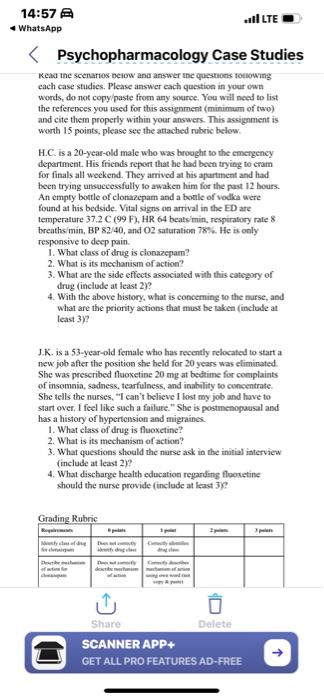 14 57 A Lte Whatsapp Psychopharmacology Case Studies Kead The Scenarios Below And Answer The Questions Toulowing Each 1