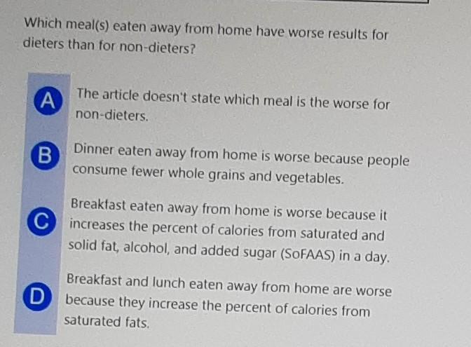 Questions 1 6 Are Based On This Passage Food Away From Home Fafh Has Been Associated With Poor Diet Quality In Many S 2