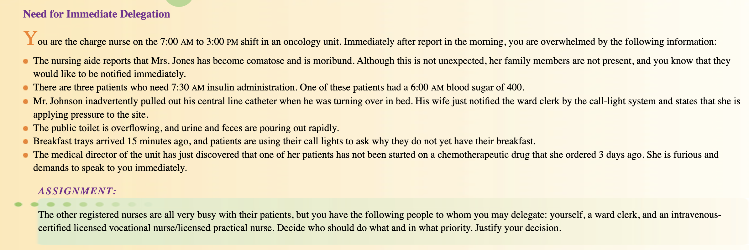 Need For Immediate Delegation You Are The Charge Nurse On The 7 00 Am To 3 00 Pm Shift In An Oncology Unit Immediately 1