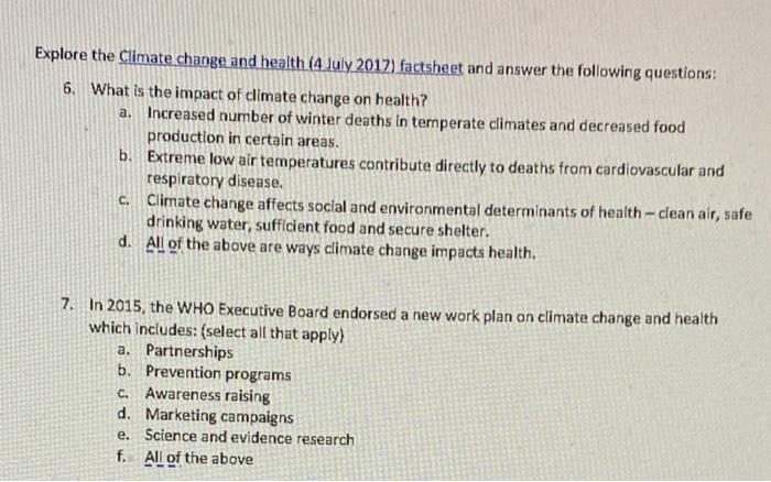 Explore The Climate Change And Health 4 July 2012 Factsheet And Answer The Following Questions 6 What Is The Impact 1