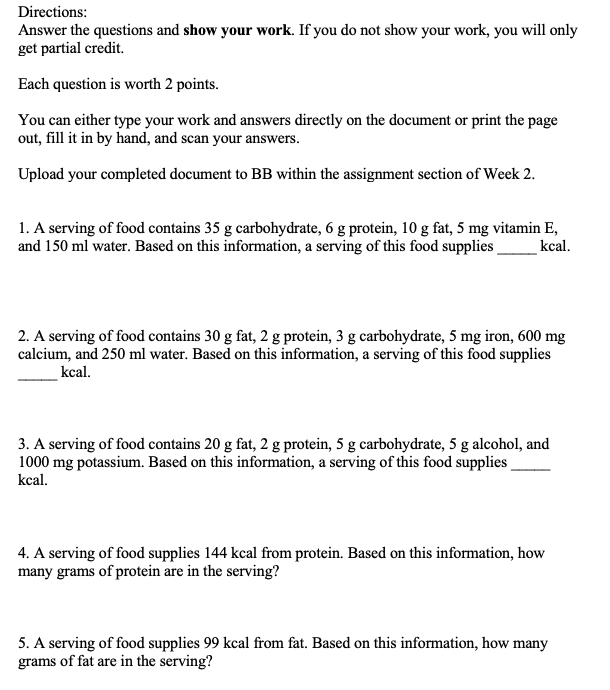 Directions Answer The Questions And Show Your Work If You Do Not Show Your Work You Will Only Get Partial Credit Each 1
