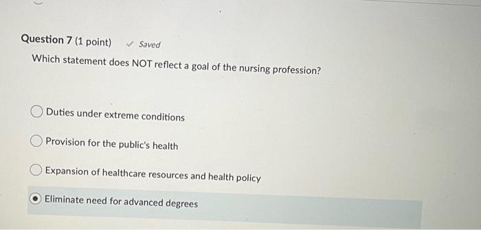 Question 7 1 Point Saved Which Statement Does Not Reflect A Goal Of The Nursing Profession Duties Under Extreme Condi 1
