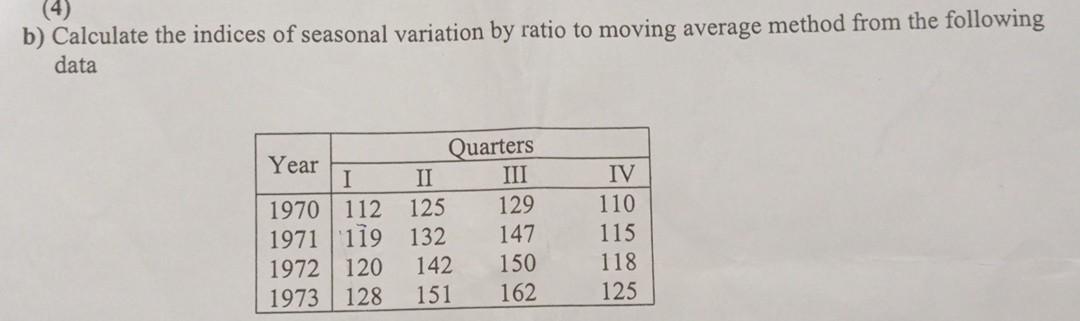 B Calculate The Indices Of Seasonal Variation By Ratio To Moving Average Method From The Following Data Quarters Year I 1