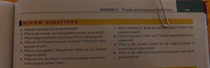 Chapter 11 Fluids And Irrigation Ioletions 161 Review Questions 1 What Are The Basic Functions Of Blood 2 What Is The 1