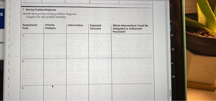 S 7 Nursing Problems Diagnoses Identify Three Priority Nursing Problems Diagnose Complete For Each Probken Identified 1