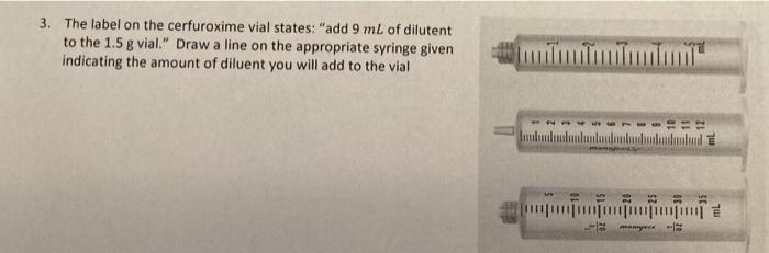 3 The Label On The Cerfuroxime Vial States Add 9 Ml Of Dilutent To The 1 5 G Vial Draw A Line On The Appropriate Sy 1