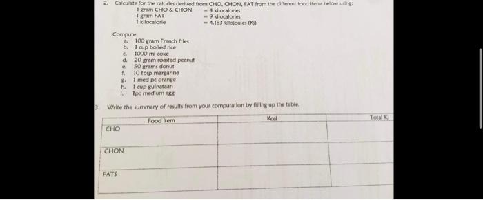 3 Write The Summary Of Results From Your Computation By Filling Up The Table Kcal Food Item Total K Cho Chon Fats 2 3
