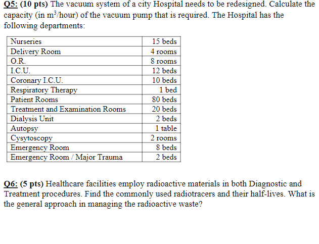 Q5 10 Pts The Vacuum System Of A City Hospital Needs To Be Redesigned Calculate The Capacity In M Hour Of The Vac 1