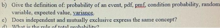 B Give The Definition Of Probability Of An Event Pdf Pmf Condition Probability Random Variable Expected Value Yar 1