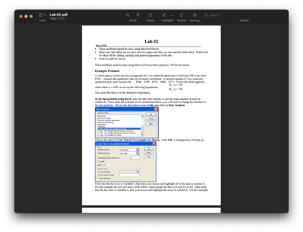 Lab 2 Pdf Page 1 Of 3 Q Search Markup View Zoom Share Highlight Rotate Search Lab 2 Stat 2438 These Problems Shoul 1