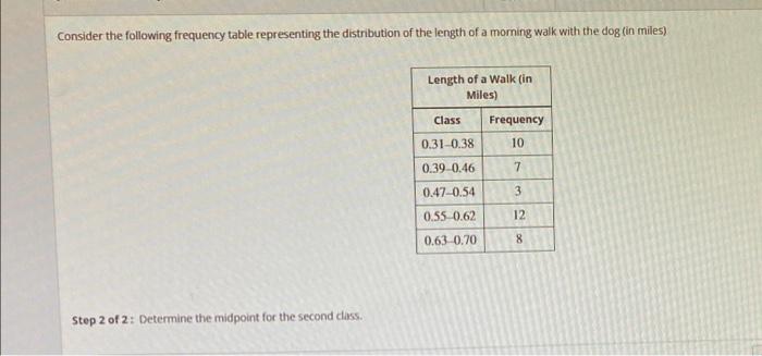 Consider The Following Frequency Table Representing The Distribution Of The Length Of A Morning Walk With The Dog In Mi 1