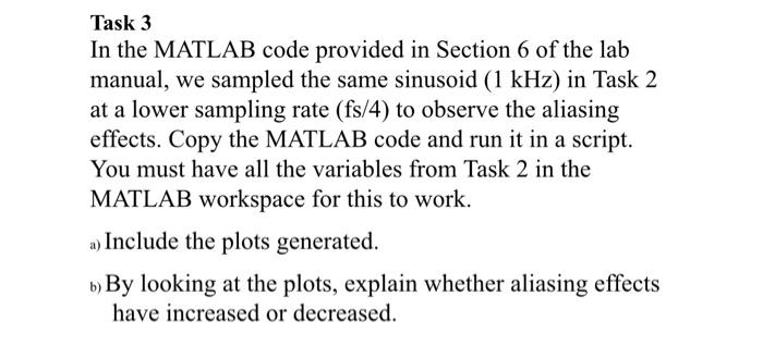 Task 3 In The Matlab Code Provided In Section 6 Of The Lab Manual We Sampled The Same Sinusoid 1 Khz In Task 2 At A L 1