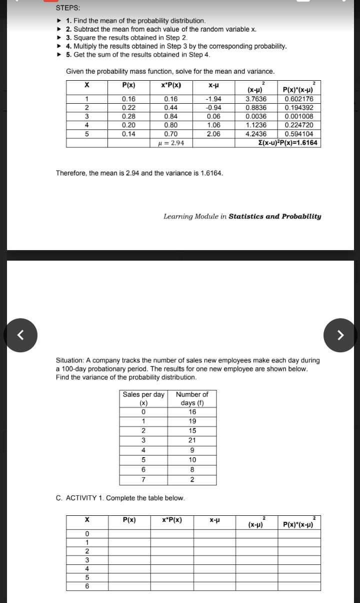 Steps 1 Find The Mean Of The Probability Distribution 2 Subtract The Mean From Each Value Of The Random Variable X 3 1