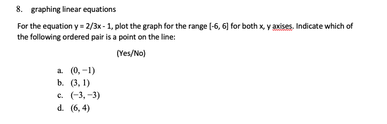 8 Graphing Linear Equations For The Equation Y 2 3x 1 Plot The Graph For The Range 6 6 For Both X Y Axises I 1