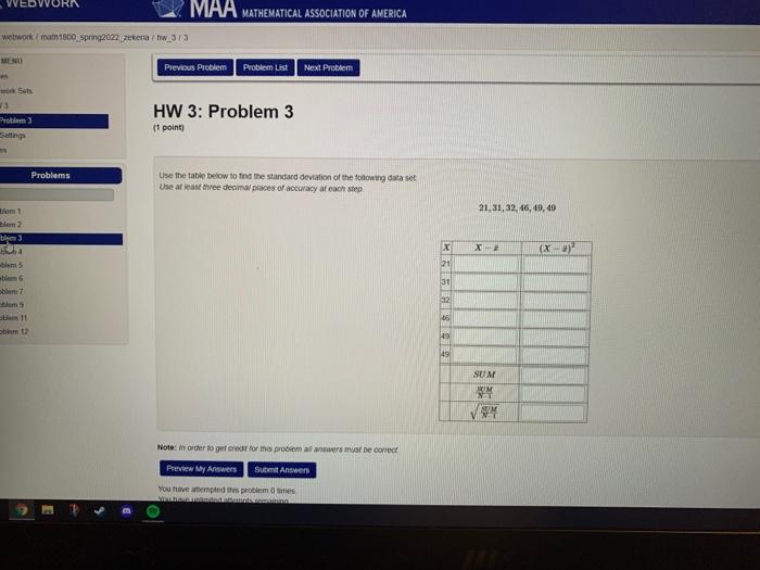 Maa Mathematical Association Of America Wetwork Mat 1800 Spring2072 Zekerta W 3 3 Menu Previous Problem Problem List Nex 1