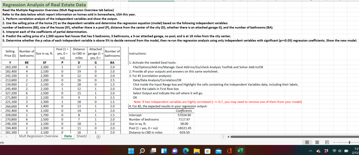 Regression Analysis Of Real Estate Data Read The Multiple Regression Overview Mult Regression Overview Tab Below Refer 1