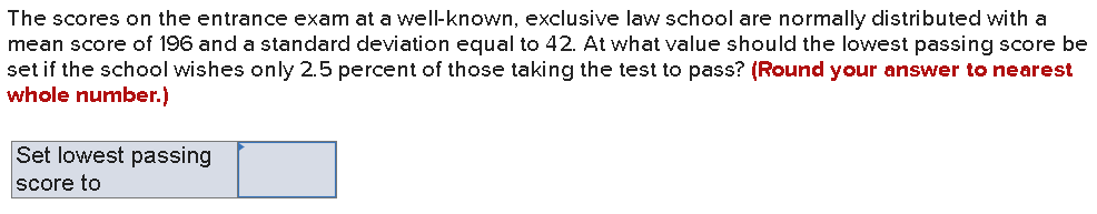 The Scores On The Entrance Exam At A Well Known Exclusive Law School Are Normally Distributed With A Mean Score Of 196 1