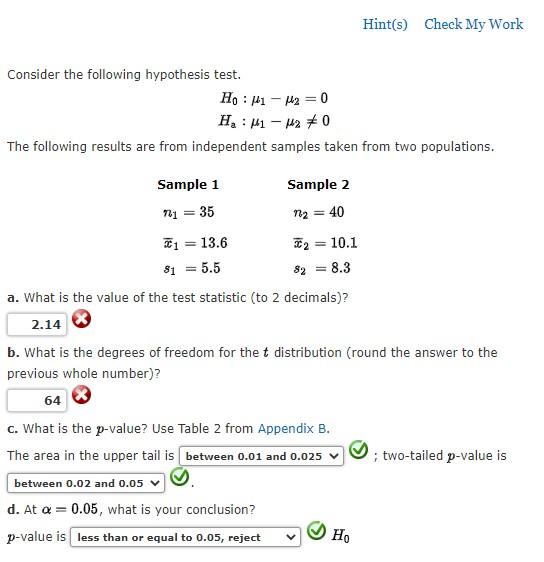 Hint S Check My Work Consider The Following Hypothesis Test Ho M1 M2 0 Ha M1 120 The Following Results Are Fro 1
