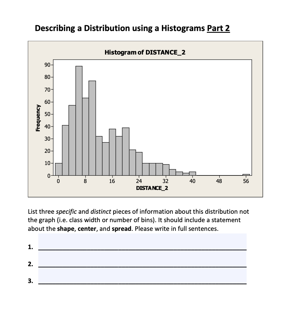Describing A Distribution Using A Histograms Part 2 Histogram Of Distance 2 90 80 70 60 50 Frequency 40 30 20 10 1