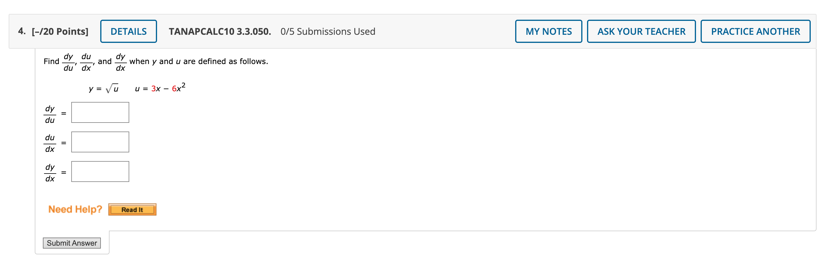 4 20 Points Details Tanapcalc10 3 3 050 0 5 Submissions Used My Notes Ask Your Teacher Practice Another Find Dy Du 1