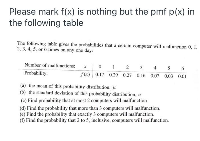 Please Mark F X Is Nothing But The Pmf P X In The Following Table The Following Table Gives The Probabilities That A C 1
