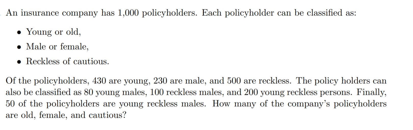 An Insurance Company Has 1 000 Policyholders Each Policyholder Can Be Classified As Young Or Old Male Or Female 1