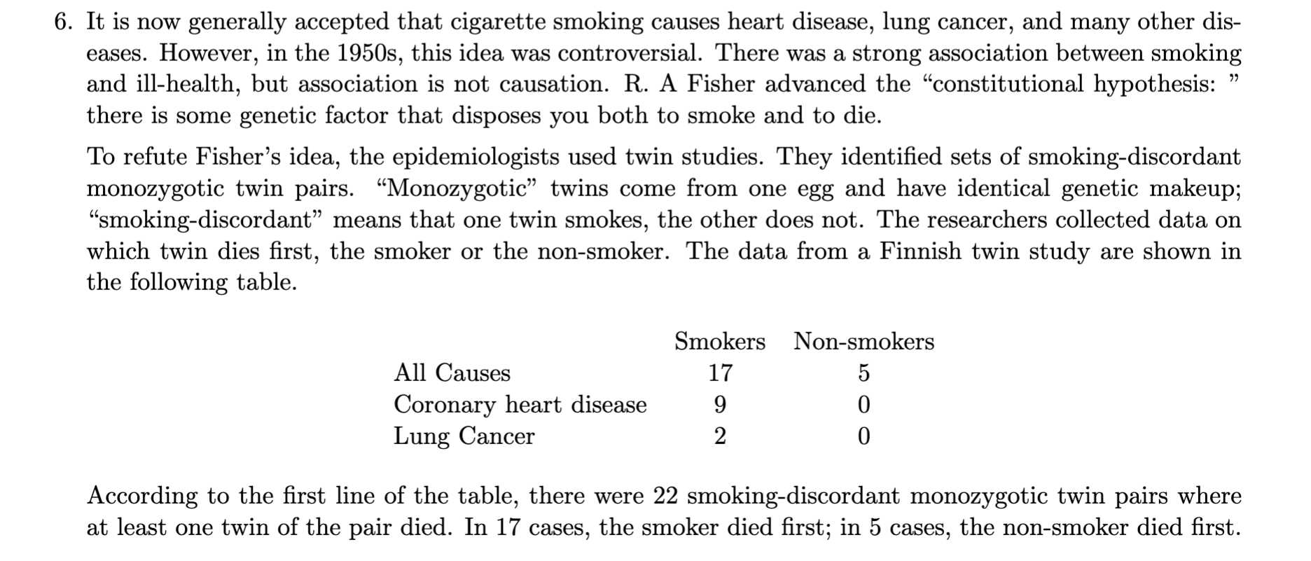 For Parts A C Suppose That Each Twin In The Pair Is Equally Likely To Die First Regardless Smoking Or Not So The N 1
