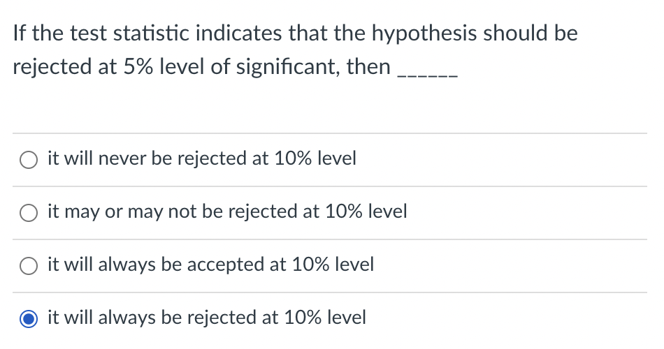 If The Test Statistic Indicates That The Hypothesis Should Be Rejected At 5 Level Of Significant Then It Will Never Be 1
