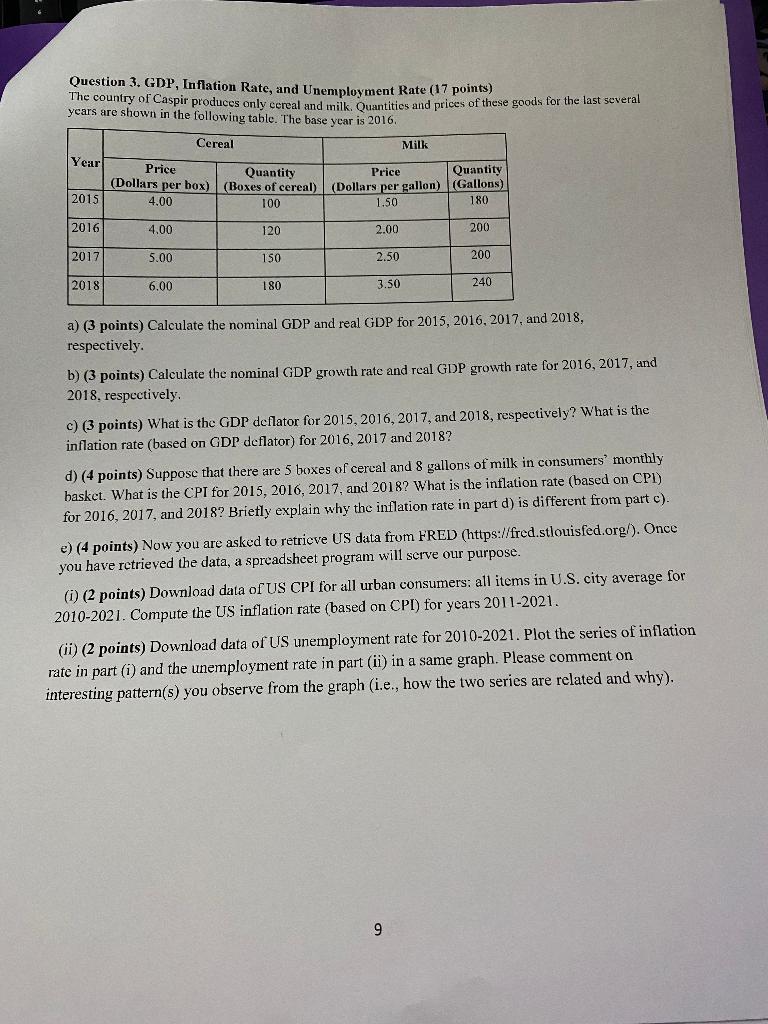 Question 3 Gdp Inflation Rate And Unemployment Rate 17 Points The Country Of Caspir Produces Only Cereal And Milk 1