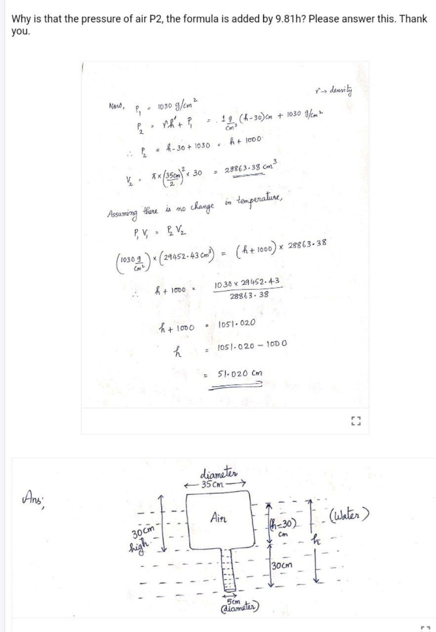 Why Is That The Pressure Of Air P2 The Formula Is Added By 9 81h Please Answer This Thank You R Density Now 1030 1
