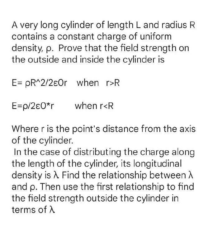 A Very Long Cylinder Of Length L And Radius R Contains A Constant Charge Of Uniform Density P Prove That The Field Str 1
