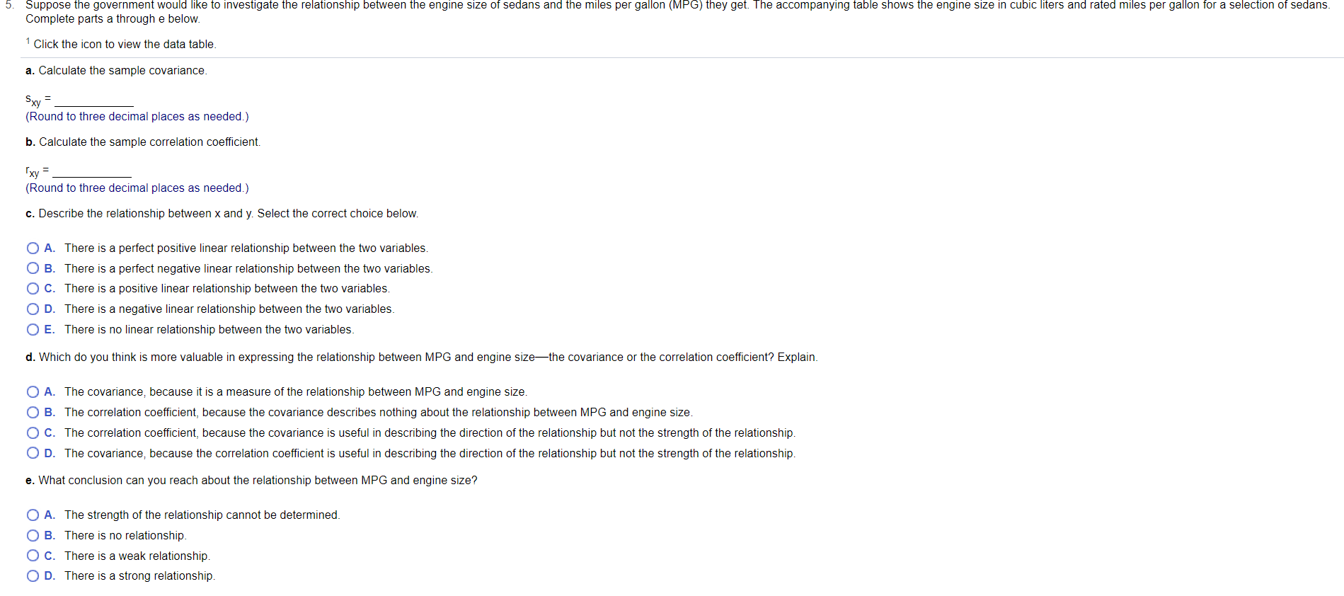 5 Suppose The Government Would Like To Investigate The Relationship Between The Engine Size Of Sedans And The Miles Per 1