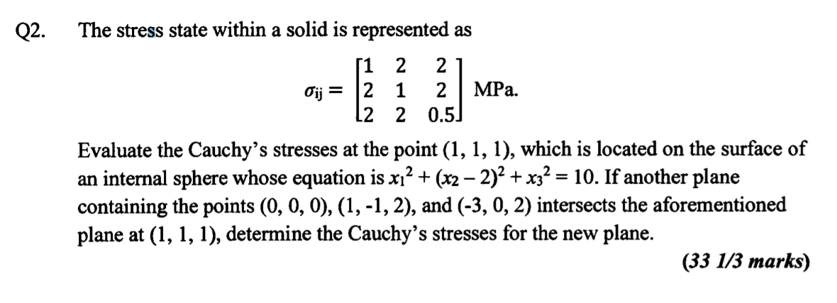 Q2 The Stress State Within A Solid Is Represented As 1 2 2 Oij 2 1 2 Mpa L2 2 0 5 Evaluate The Cauchy S Stresses At 1