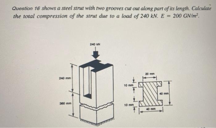 Question 16 Shows A Steel Strut With Two Grooves Cut Out Along Part Of Its Length Calculate The Total Compression Of Th 1