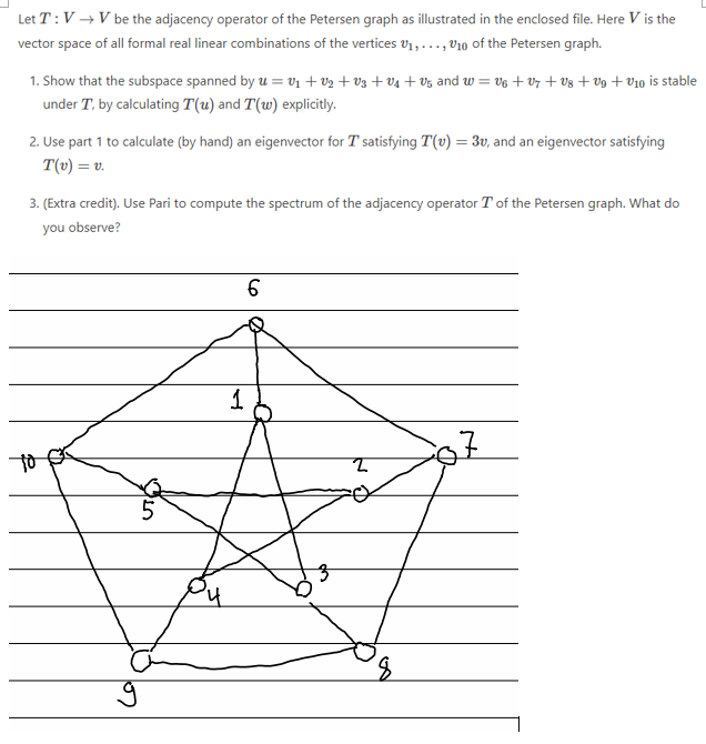 Let T V 6v Be The Adjacency Operator Of The Petersen Graph As Illustrated In The Enclosed File Here V Is The Vector Spa 1