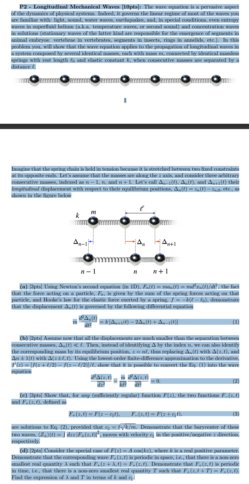 P2 Longitudinal Mechanical Waves 10pts The Wave Equation Is A Pervasive Aspect Of The Dynamics Of Physical Systems 1